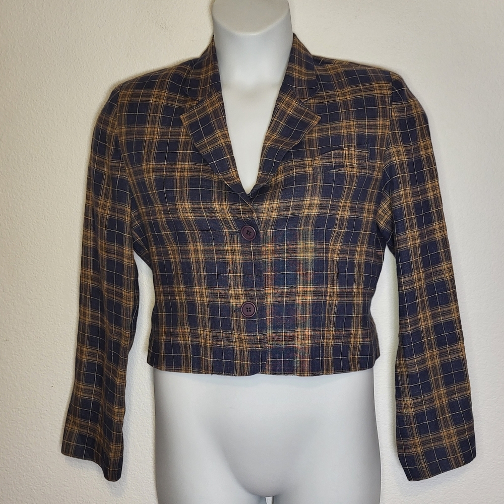 Vintage Karen Kane Plaid Blazer in Navy and Tan size 10